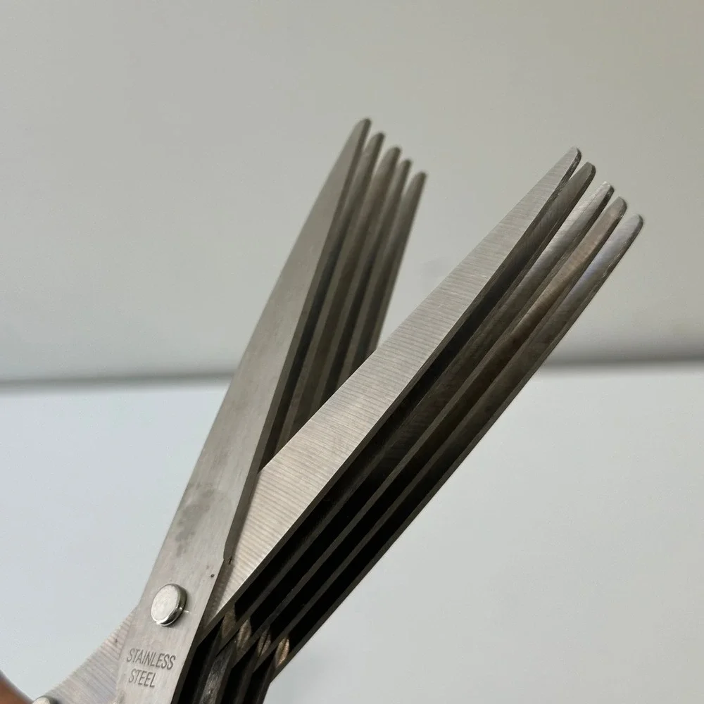 Crate and Barrel Stainless Steel Herb Scissors with Green Handles Cover 5 Blade